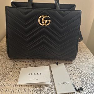Black leather GG Marmont with top handle bag and Optional Shoulder strap